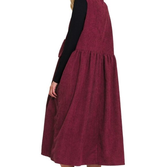 ZENANA Premium Magenta XL Corduroy Overall Popover Jumper Midi Pockets Dress - Picture 4 of 10
